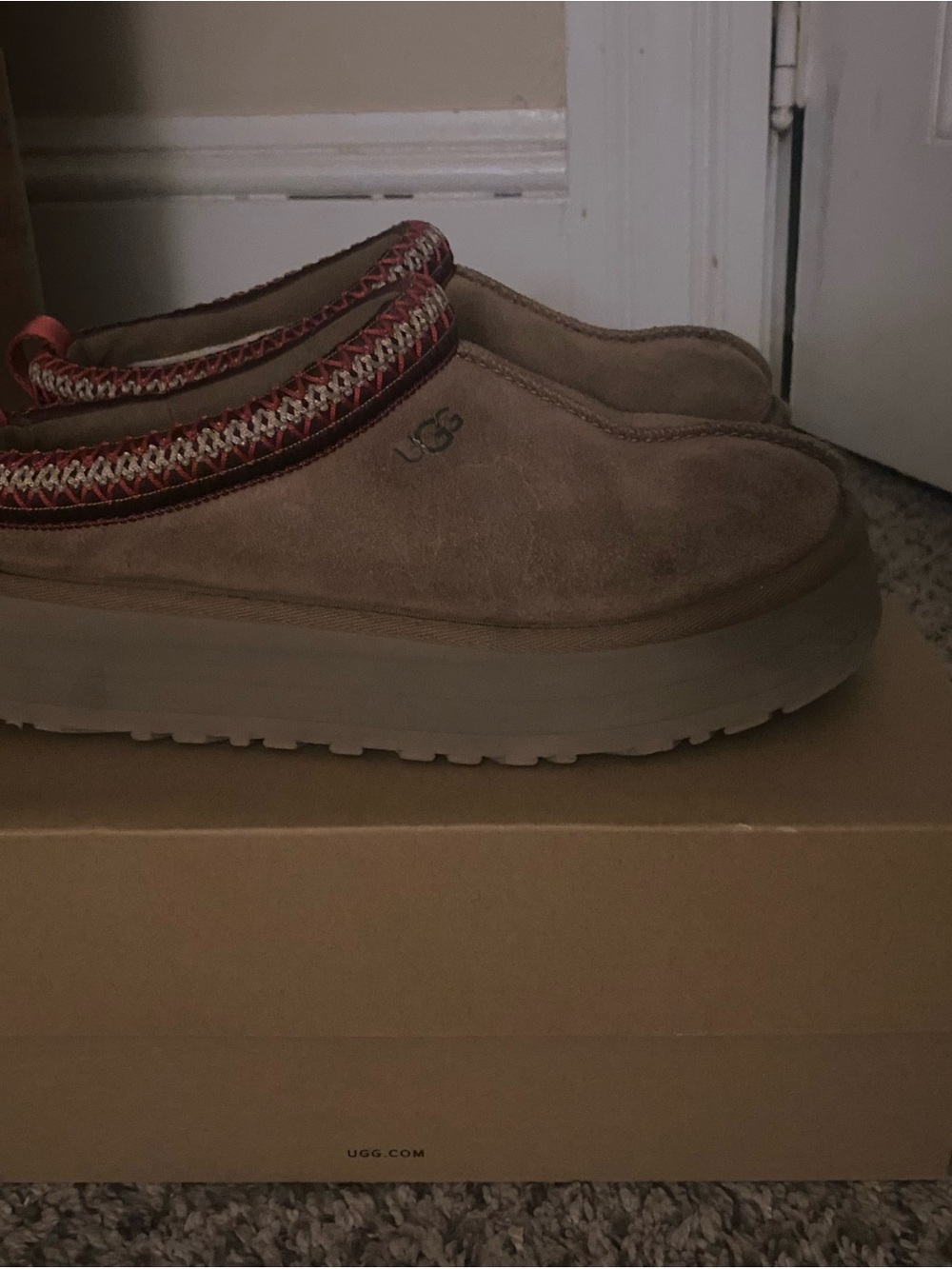 UGG Women's Tan Suede Slip-On Clogs with Red Trim